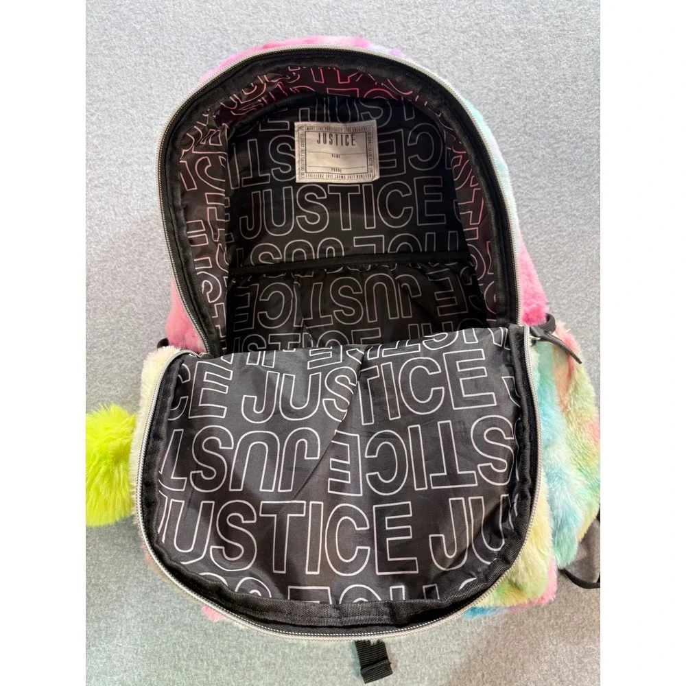Justice Girls Rainbow Tie Dye‎ Faux Fur Butterfly Backpack with Pom Pom Keychain